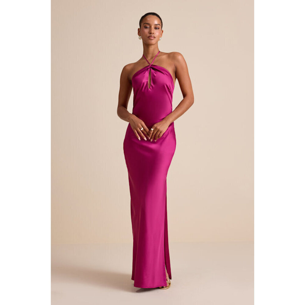 Lulus Gracie Magenta Satin Halter Neck Maxi Dress Pink - Size XL